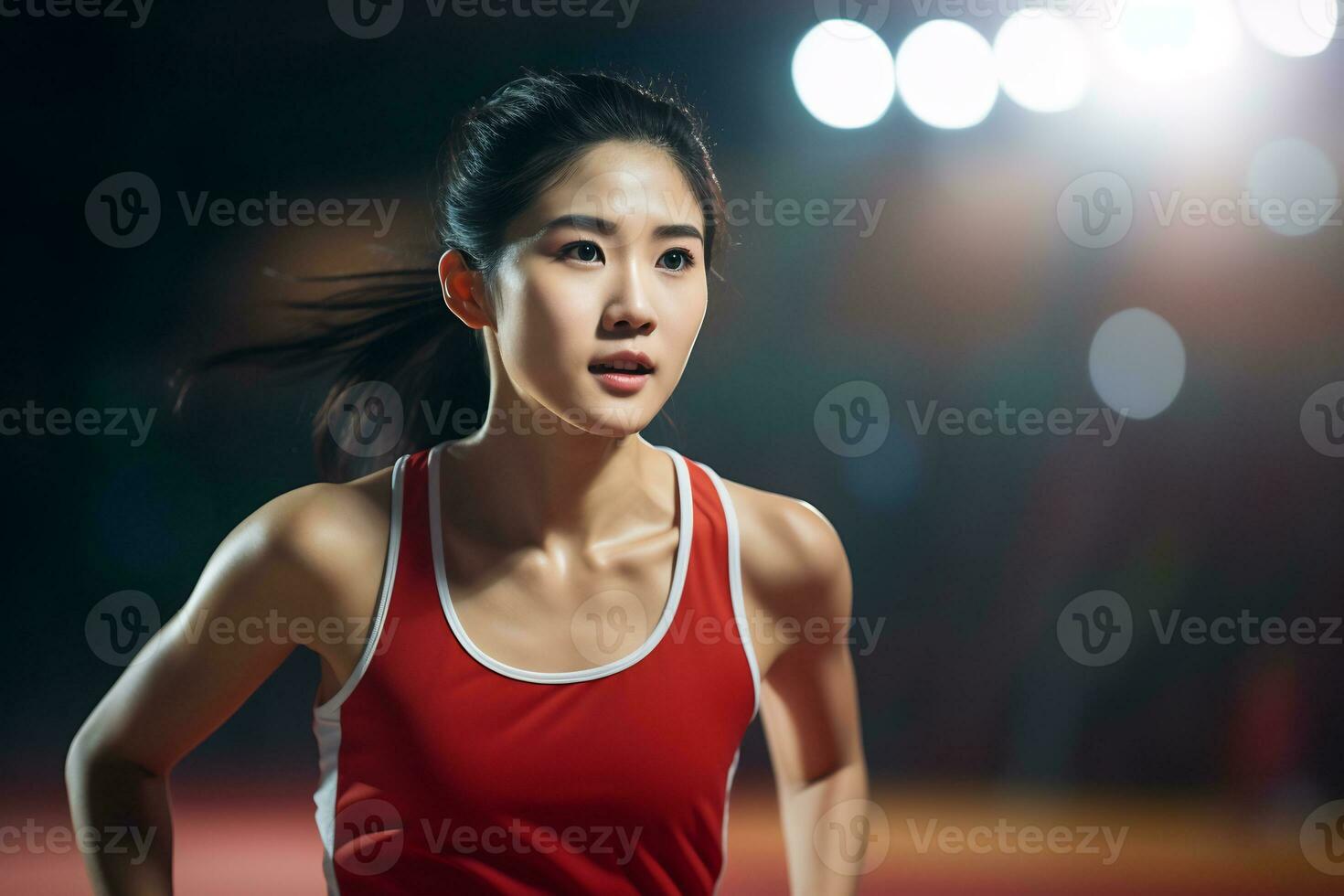 AI Generative determined Asian female athlete in action at a sports arena under vibrant stadium lights photo