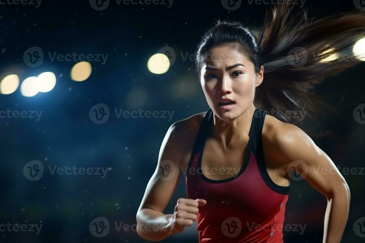 AI Generative determined Asian female athlete in action at a sports arena under vibrant stadium lights photo