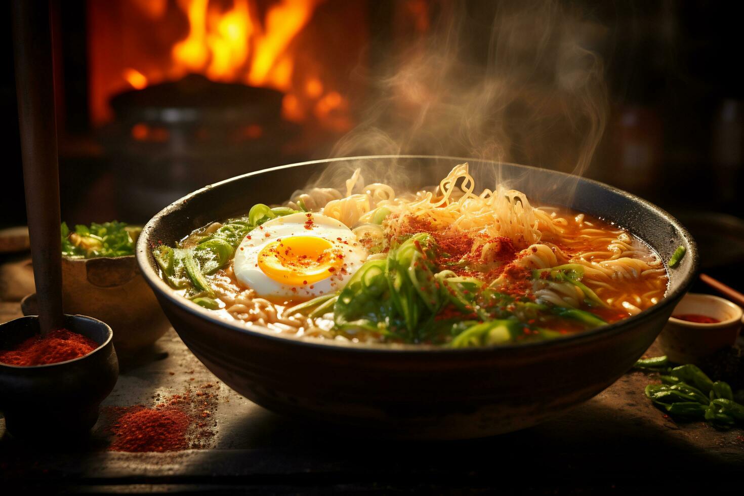 AI Generative tantalizing picture of a steaming bowl of ramen photo