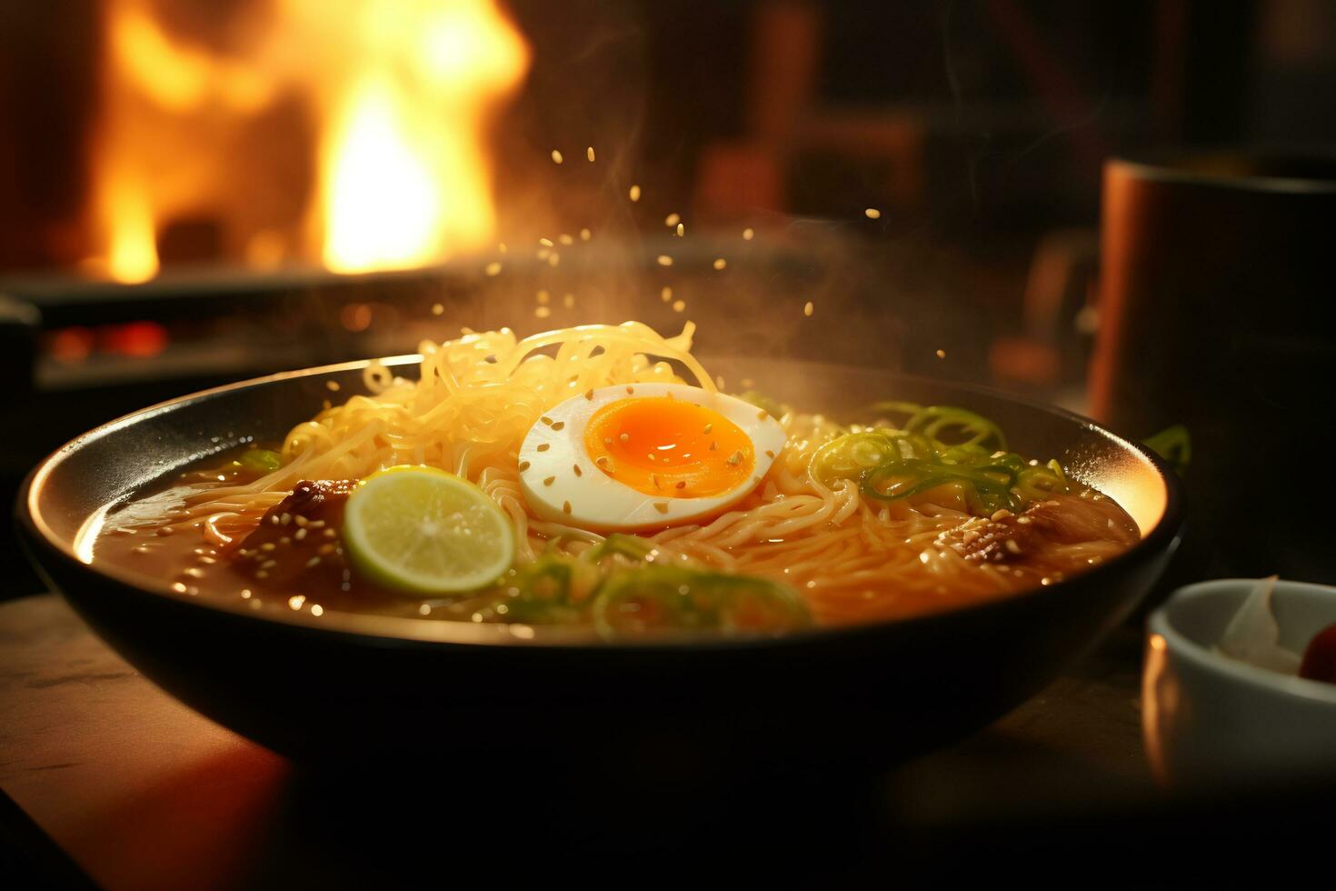 AI Generative tantalizing picture of a steaming bowl of ramen photo