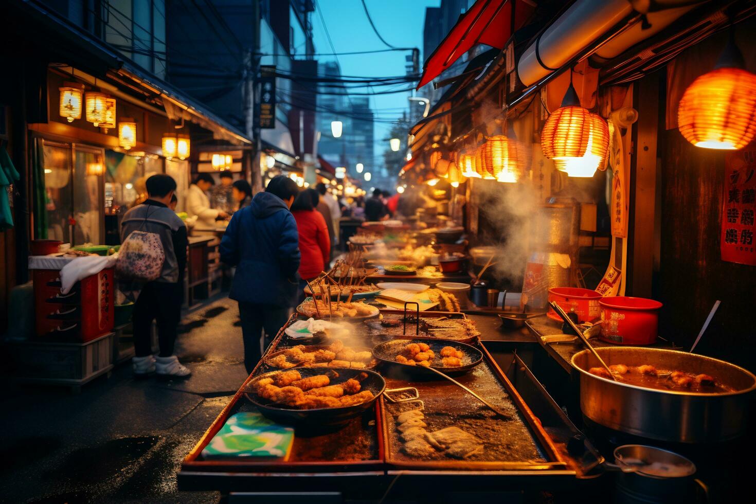 AI Generative image of a bustling Japanese street food market photo