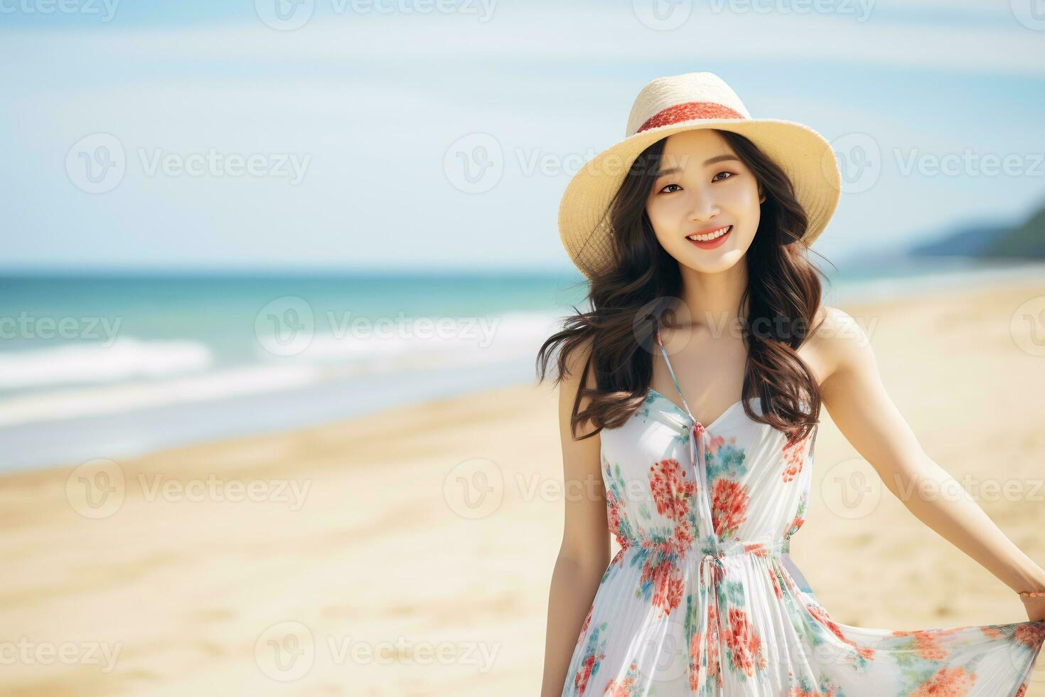 Young asian woman in summer dress and big smile AI Generative photo