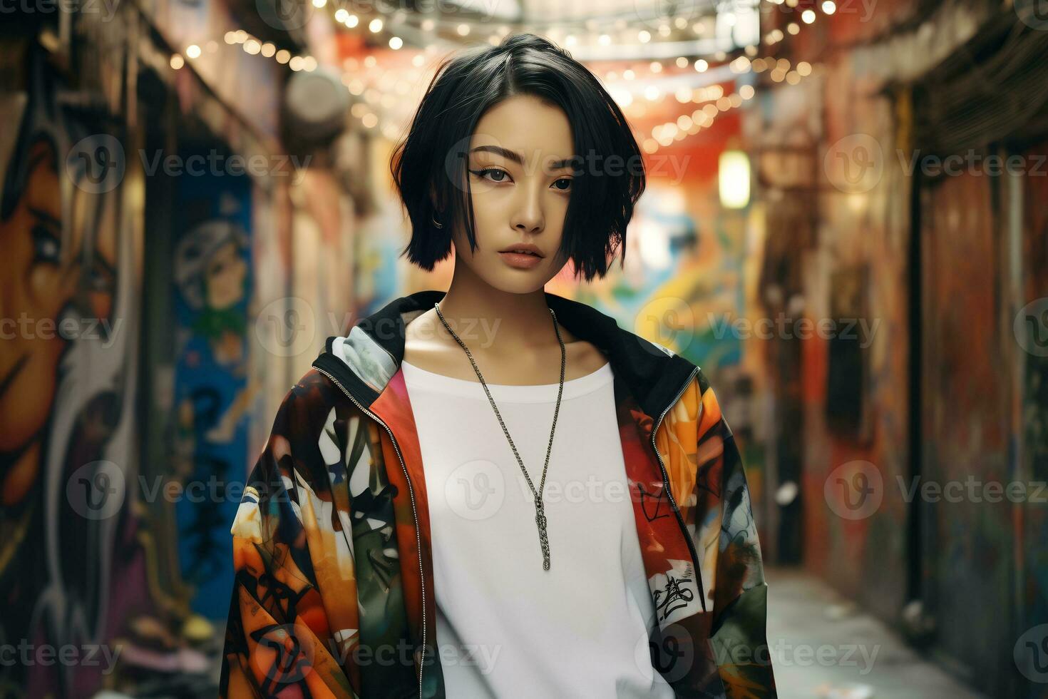 Beautiful asian girls short hair in casual outfit AI Generative photo