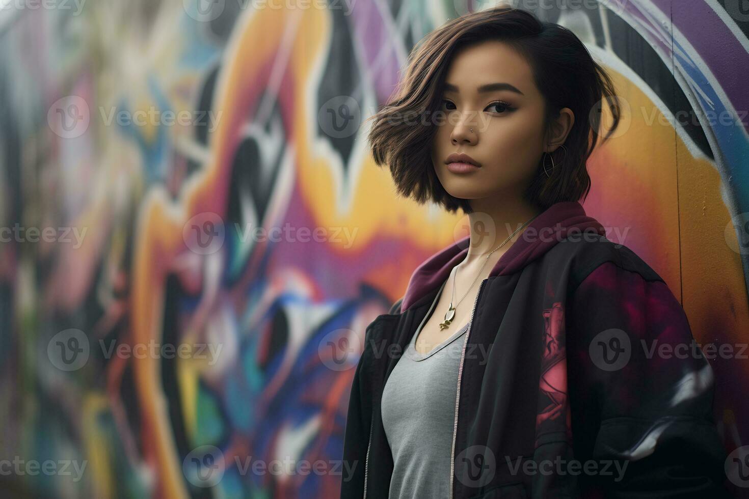 Beautiful asian girls short hair in casual outfit AI Generative photo