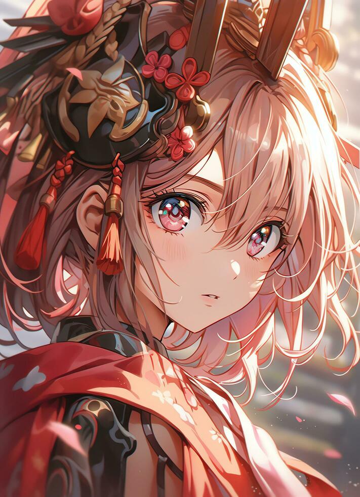 AI Generative warrior anime girl in pink and anime style photo