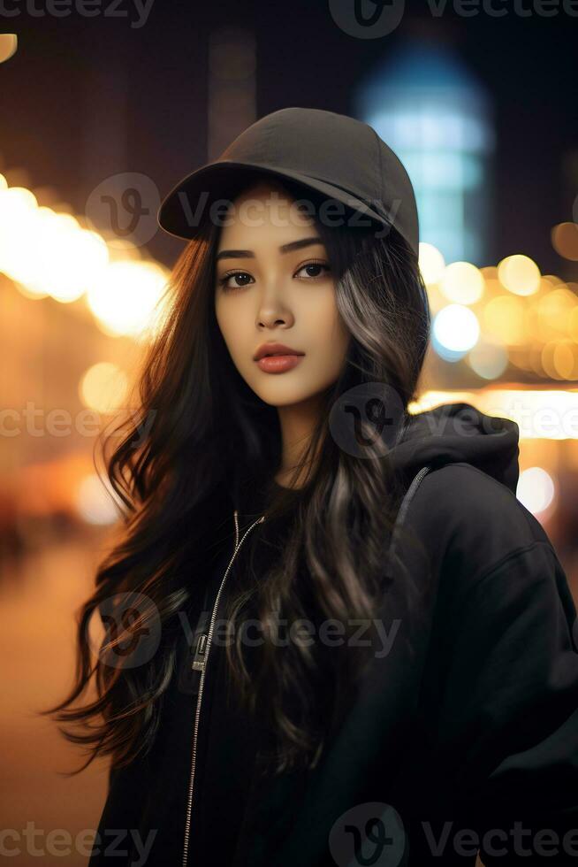 Beautiful asian girl wearing over size hoodie in casual style AI