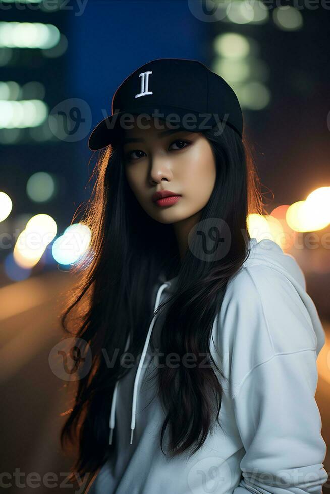 Beautiful asian girl wearing over size hoodie in casual style AI Generative photo