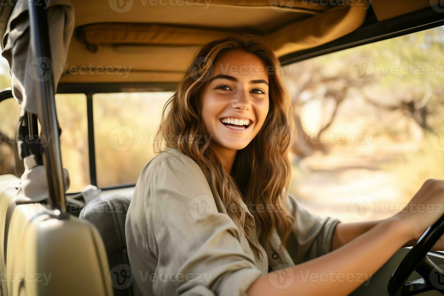 a beautiful female tourist explore a savanna AI Generative photo