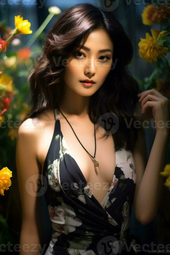 Beautiful asian girl wearing sensual dress in flower garden AI Generative photo