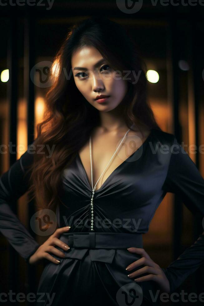 Beautiful asian girl wearing night dress in cozy bedroom AI Generative photo