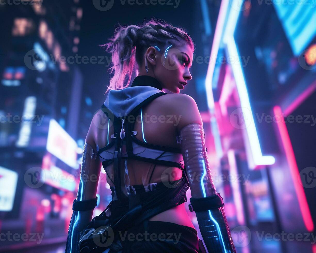 A photo of a girl in a neon-lit cyberpunk attire in a futuristic cityscape at night AI Generative