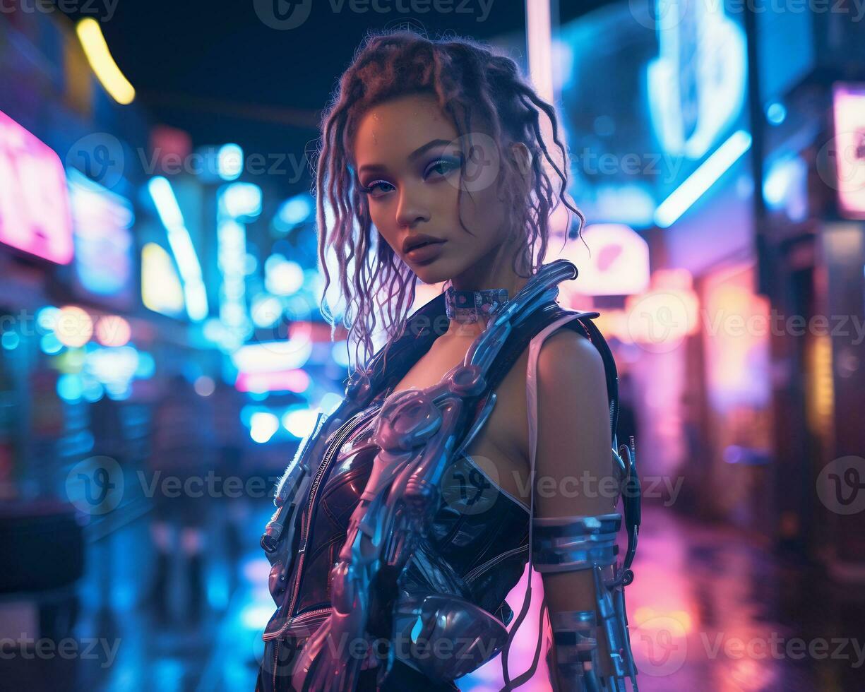 A photo of a girl in a neon-lit cyberpunk attire in a futuristic cityscape at night AI Generative