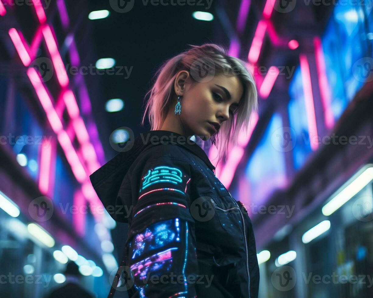 un foto de un niña en un luces de neón cyberpunk atuendo en un futurista paisaje urbano a noche ai generativo