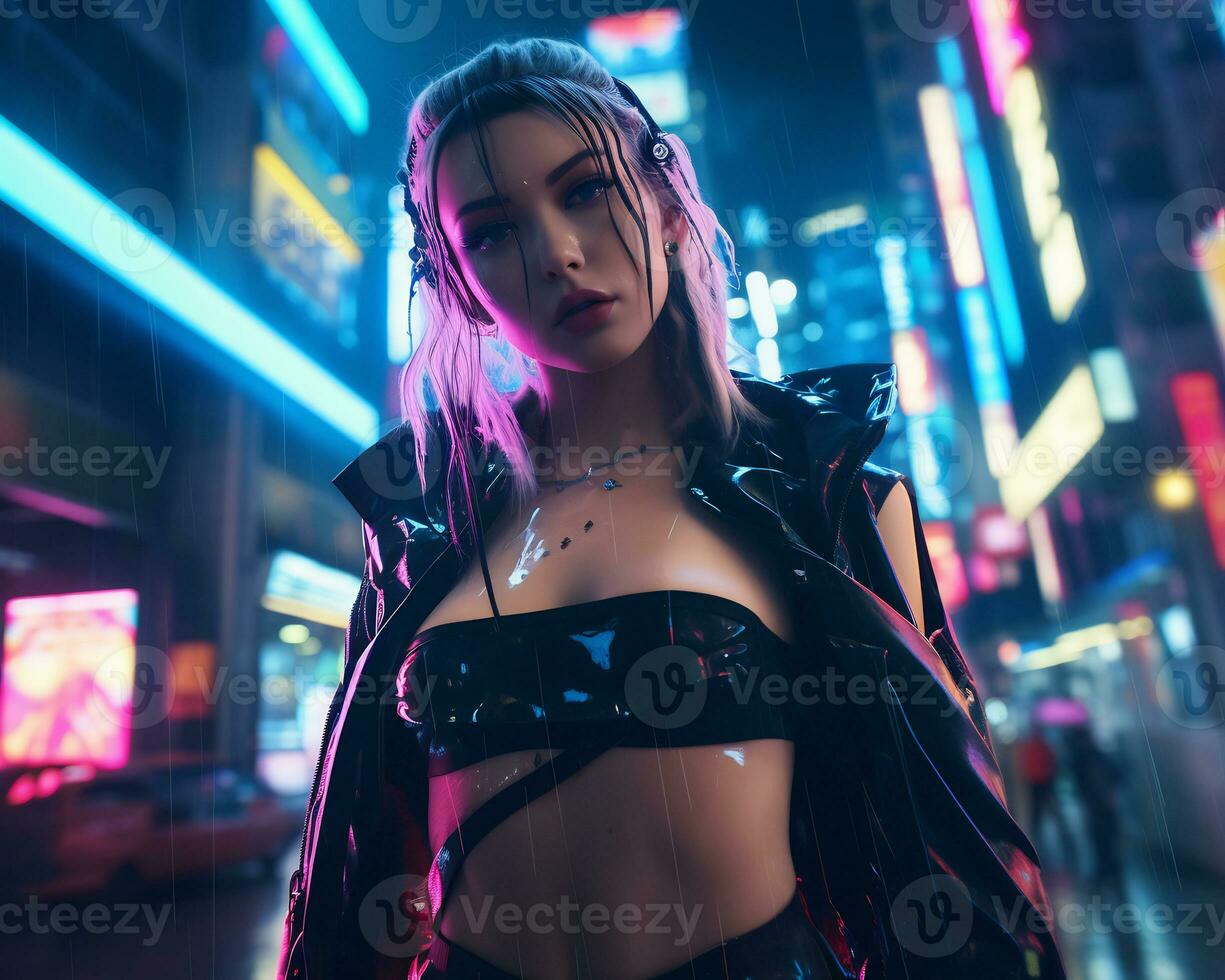 A photo of a girl in a neon-lit cyberpunk attire in a futuristic cityscape at night AI Generative