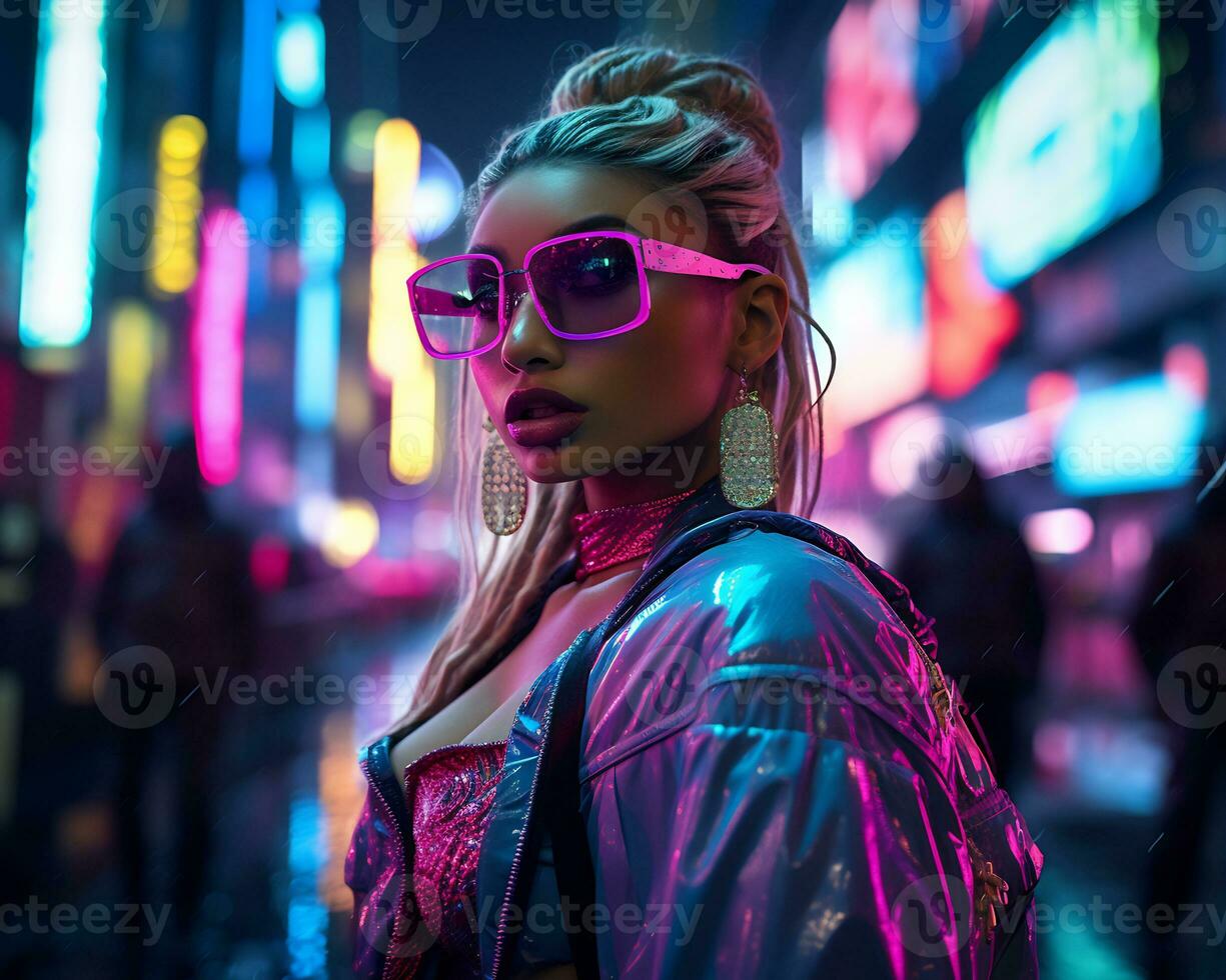 A photo of a girl in a neon-lit cyberpunk attire in a futuristic cityscape at night AI Generative