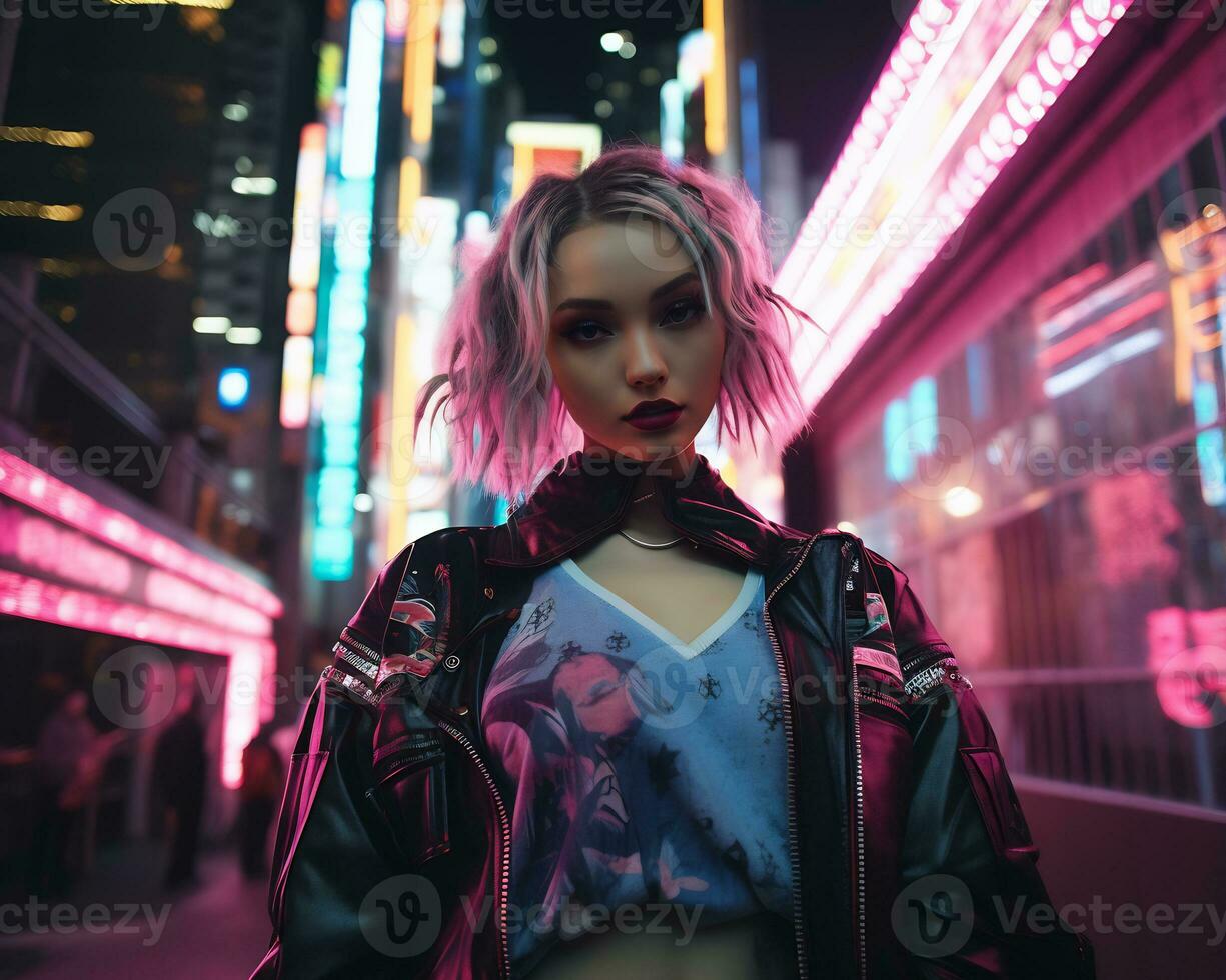 un foto de un niña en un luces de neón cyberpunk atuendo en un futurista paisaje urbano a noche ai generativo