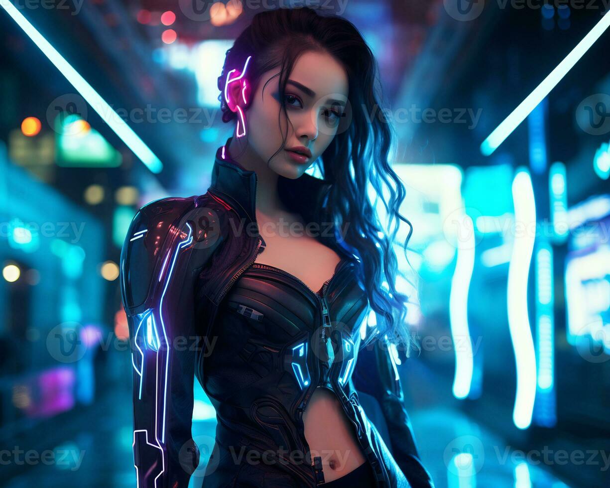 A photo of a girl in a neon-lit cyberpunk attire in a futuristic cityscape at night AI Generative