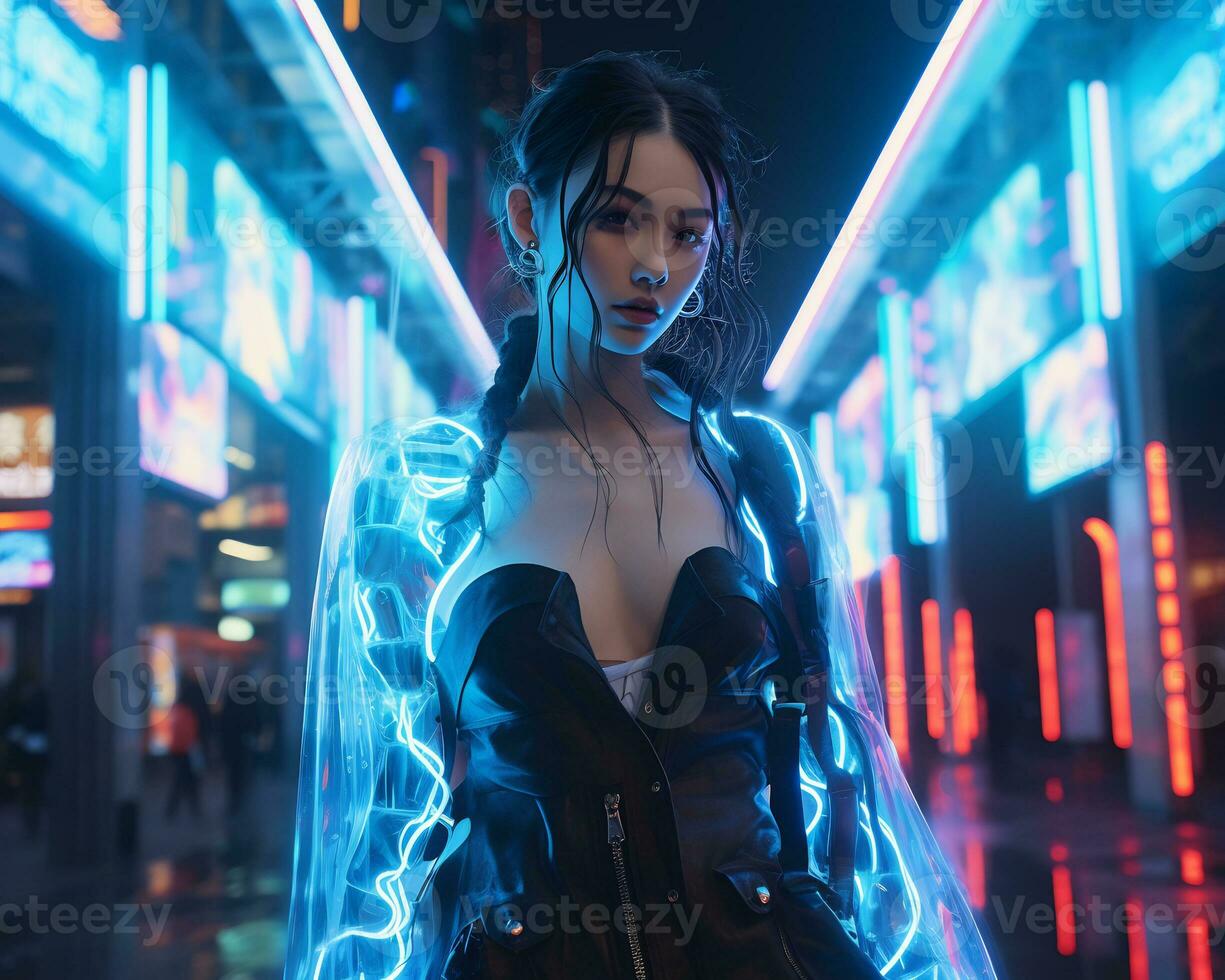 A photo of a girl in a neon-lit cyberpunk attire in a futuristic cityscape at night AI Generative