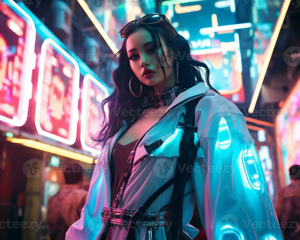 A photo of a girl in a neon-lit cyberpunk attire in a futuristic cityscape at night AI Generative