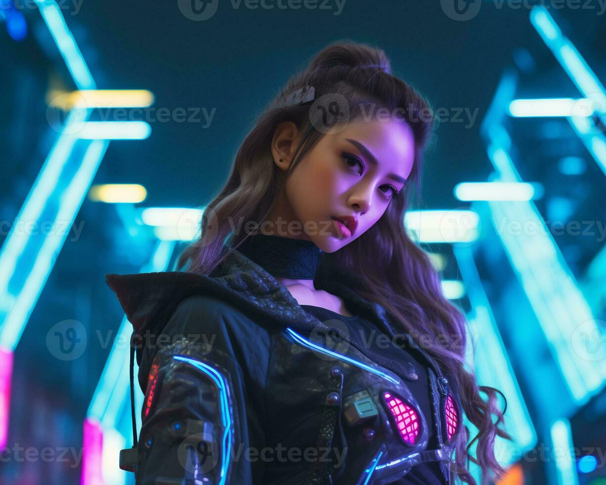 A photo of a girl in a neon-lit cyberpunk attire in a futuristic cityscape at night AI Generative