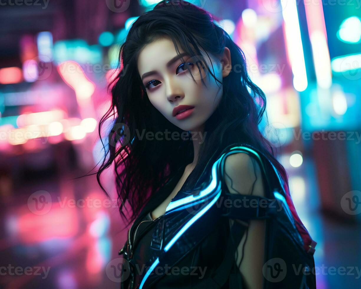 un foto de un niña en un luces de neón cyberpunk atuendo en un futurista paisaje urbano a noche ai generativo