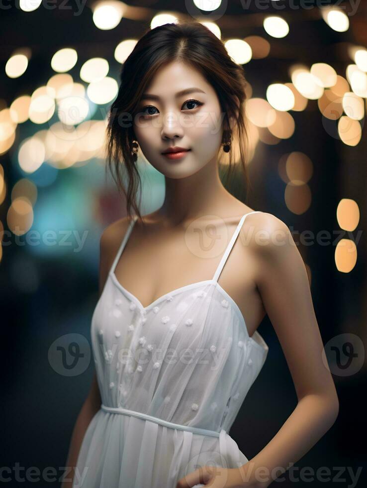 AI Generative Beautiful asian girl wearing glamour white dress photo
