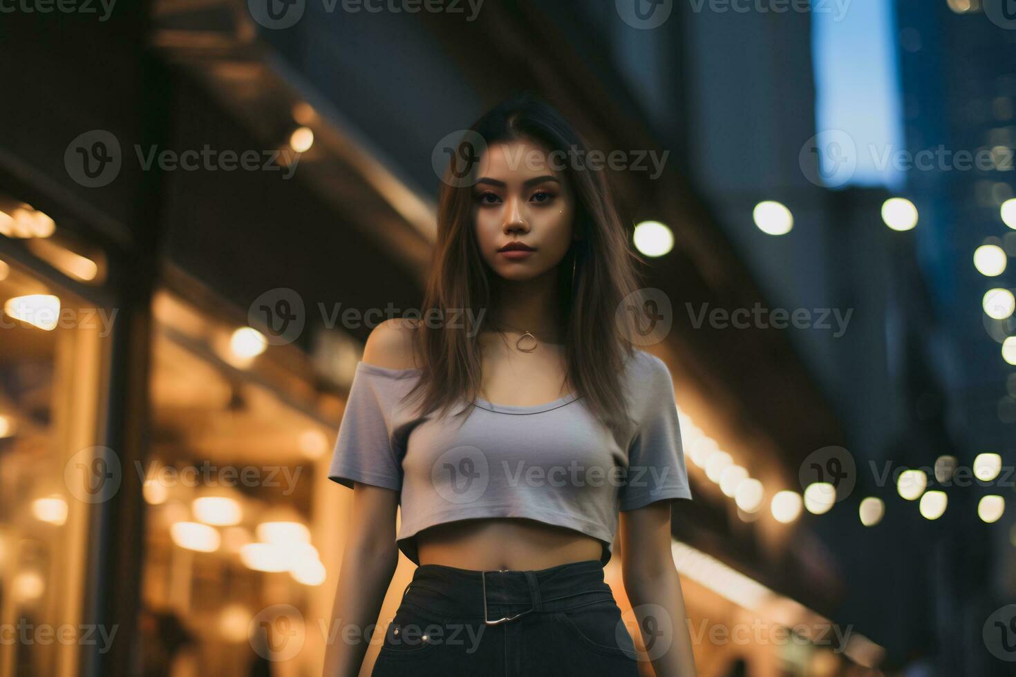 hermosa asiático niña en trandy casual atuendo ai generativo foto