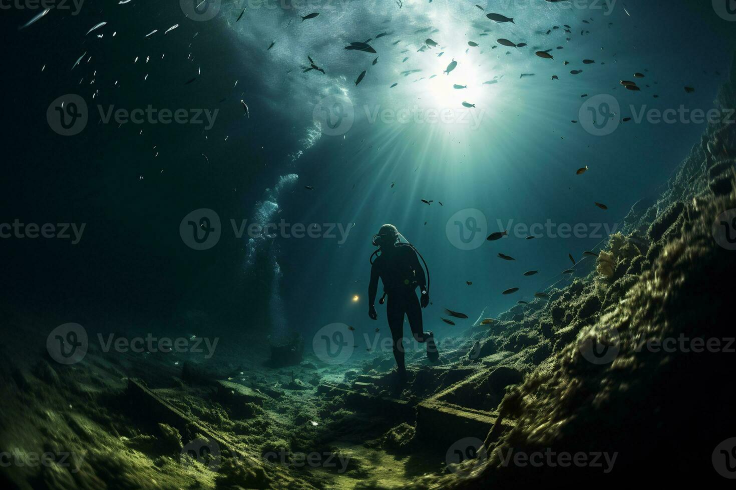 Free diver exploring a shipwreck AI Generative photo