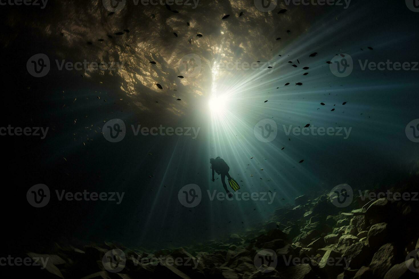 Free diver exploring a shipwreck AI Generative photo