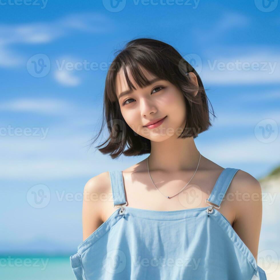 hermosa asiático niña disfrutando verano en el playa ai generativo foto