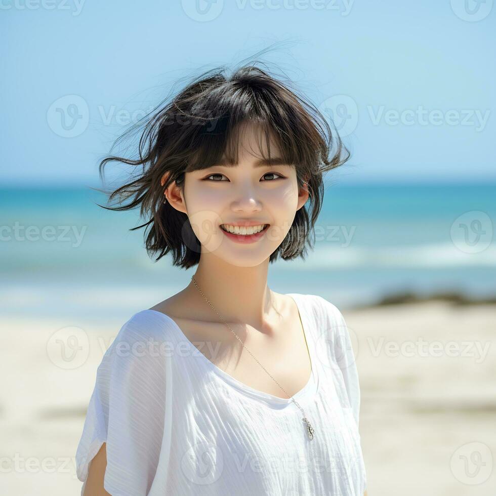 hermosa asiático niña disfrutando verano en el playa ai generativo foto