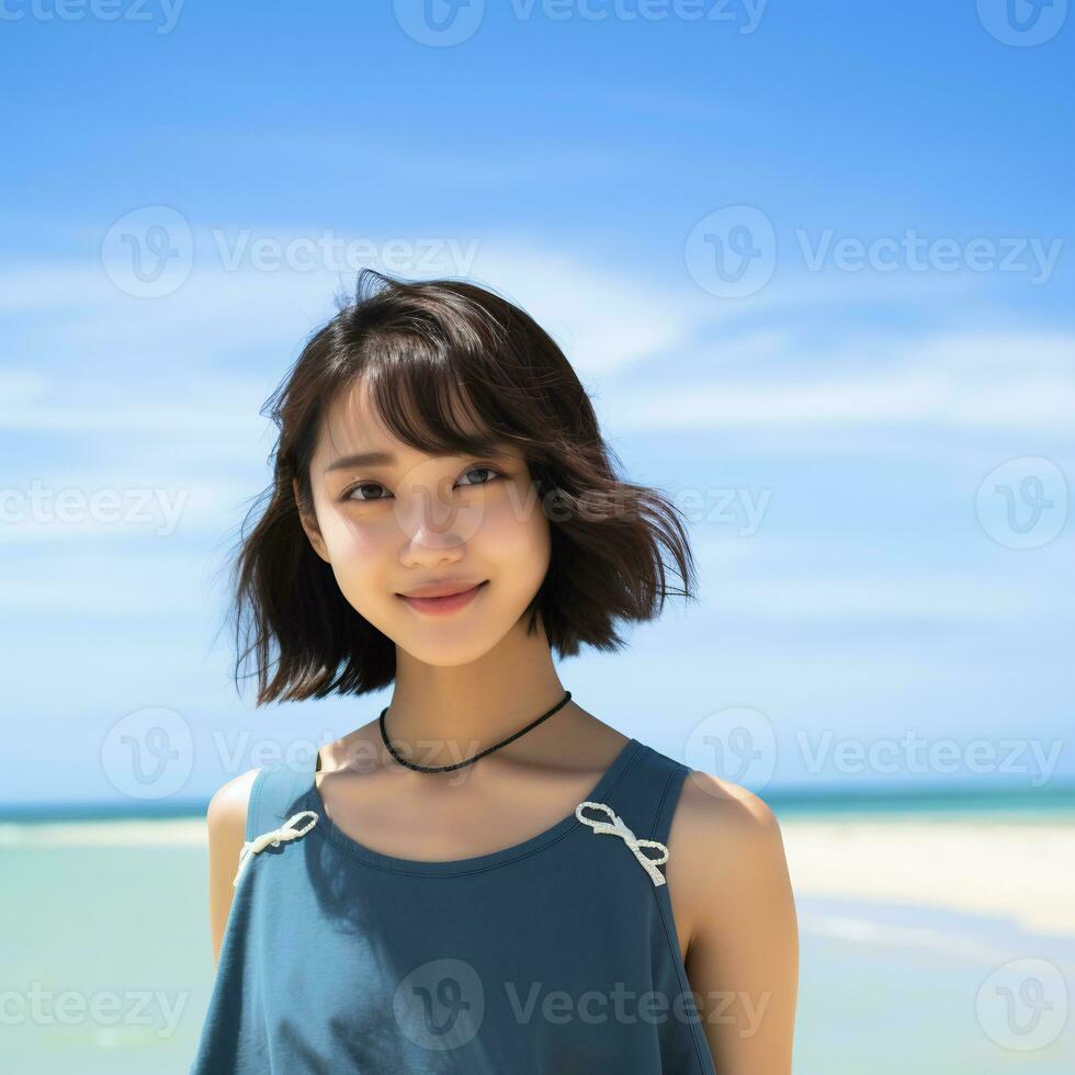 Beautiful asian girl enjoying summer in the beach AI Generative photo