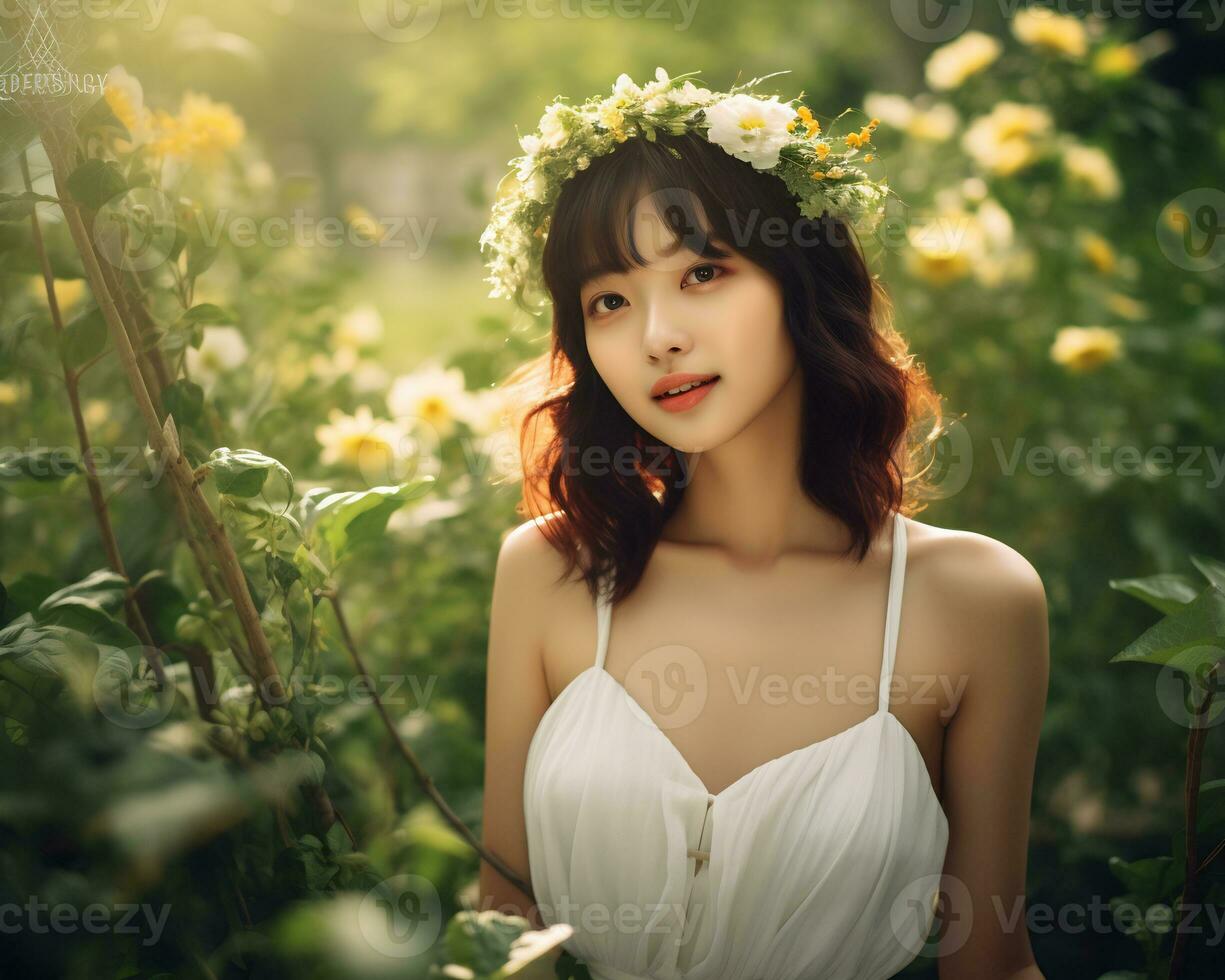 Beautiful asian girl in flower garden AI Generative photo