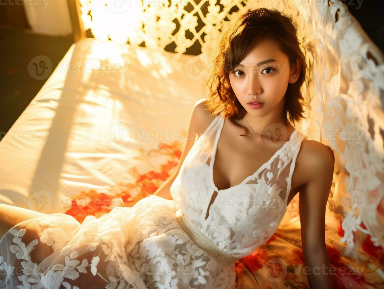 asian gril in lace dress Radiating natural beauty in the early morning AI Generative photo