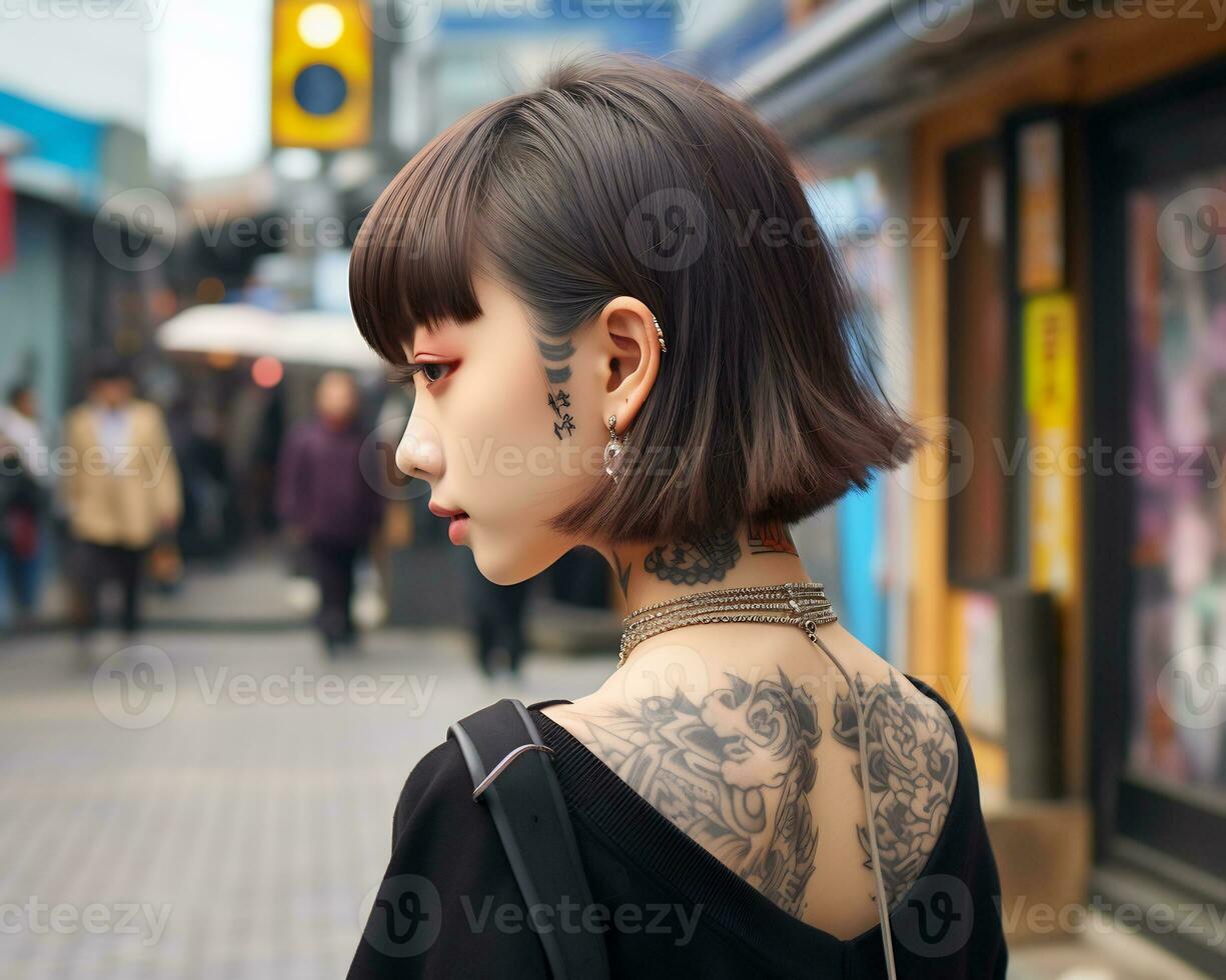 Cheerful korean girl with tattoo Smiling to camera AI Generative photo