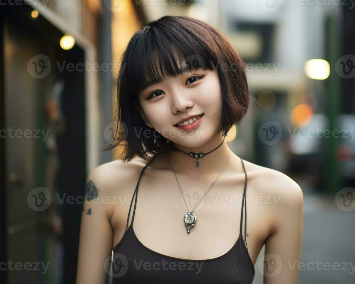 Cheerful korean girl with tattoo Smiling to camera AI Generative photo