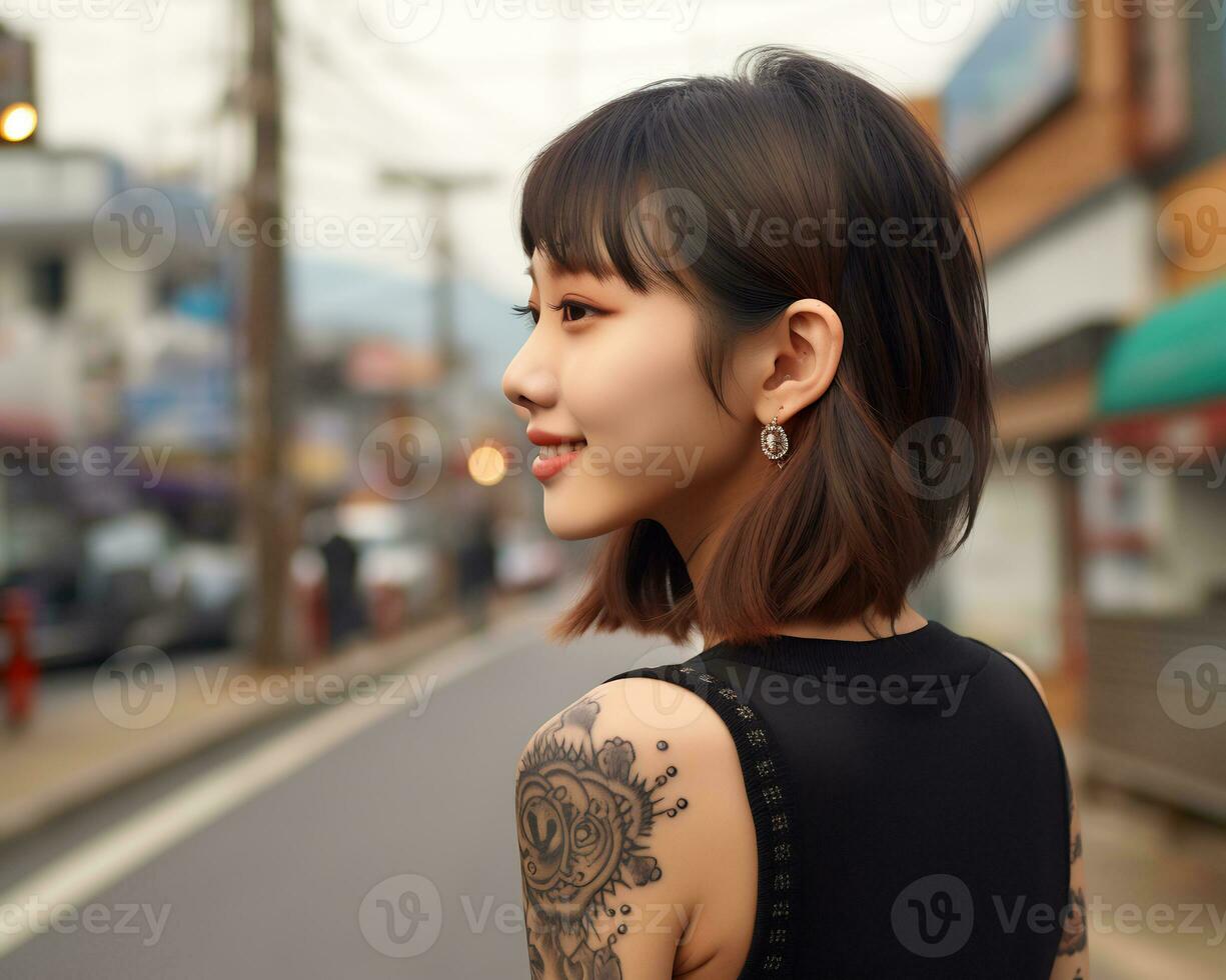 Cheerful korean girl with tattoo Smiling to camera AI Generative photo