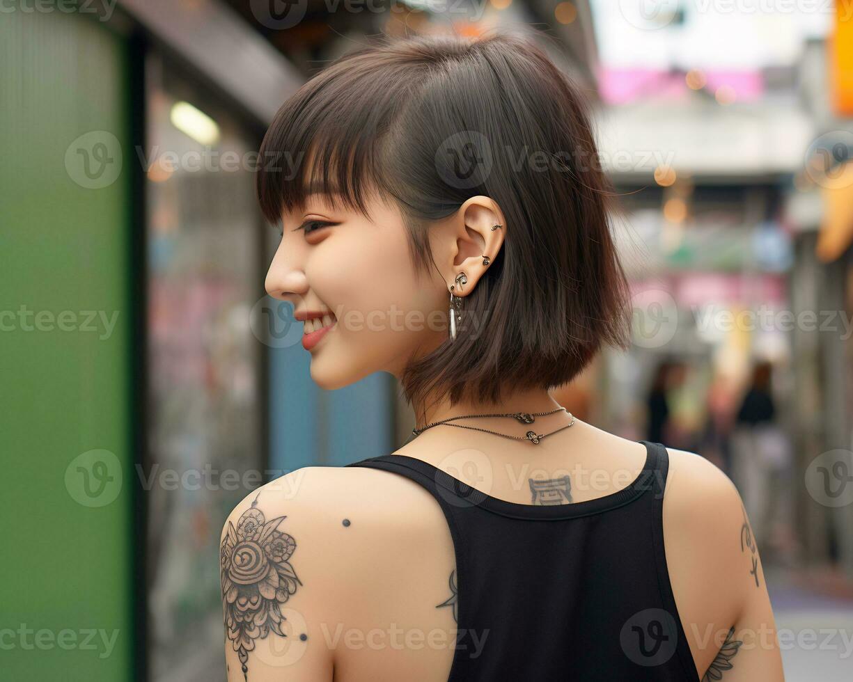 Cheerful korean girl with tattoo Smiling to camera AI Generative photo