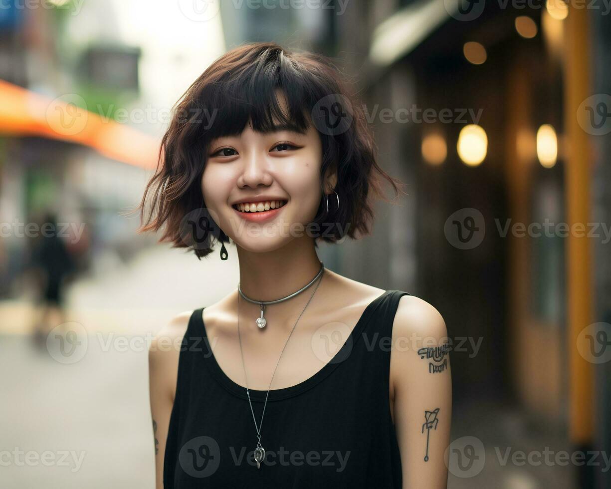 Cheerful korean girl with tattoo Smiling to camera AI Generative photo