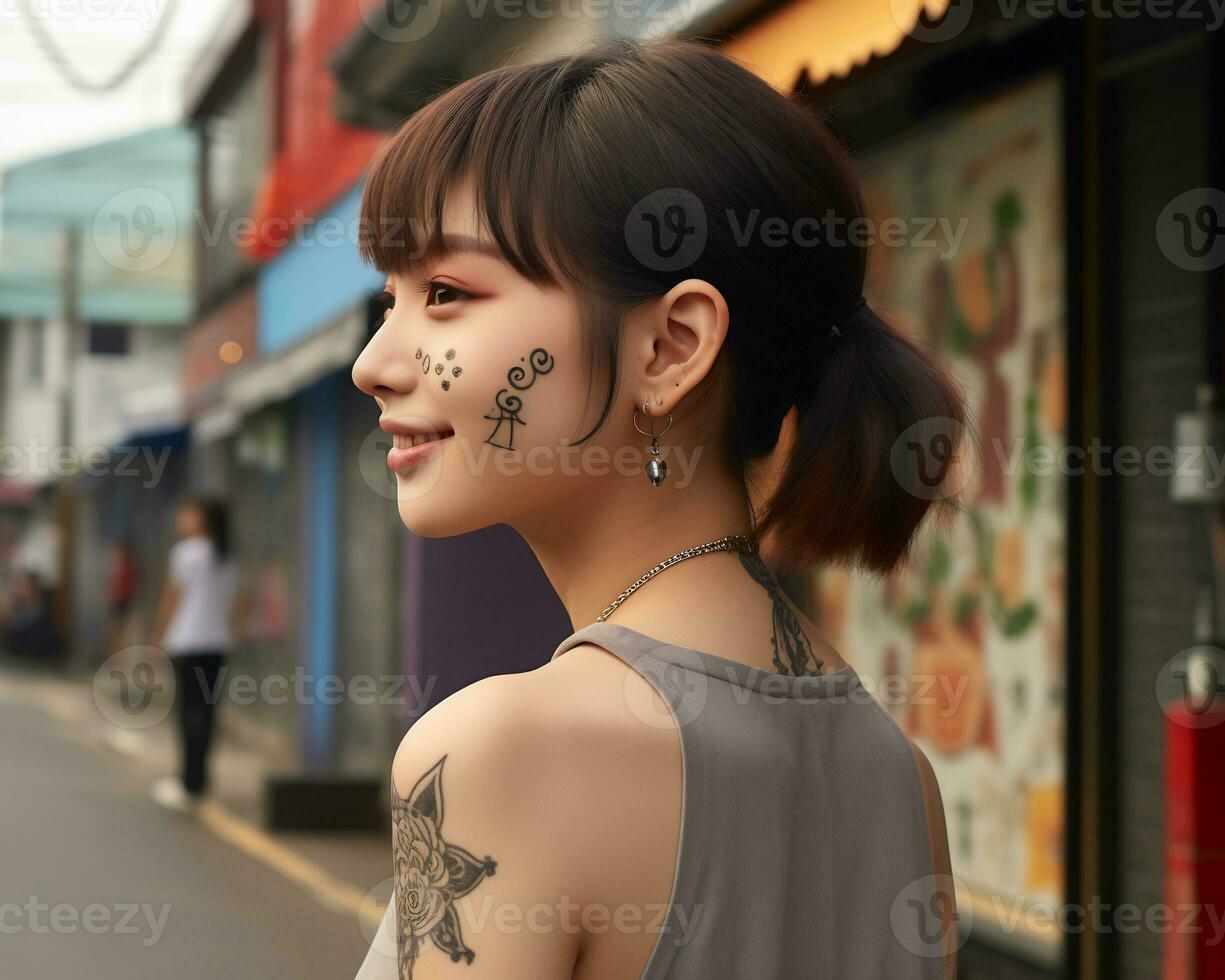 Cheerful korean girl with tattoo Smiling to camera AI Generative photo