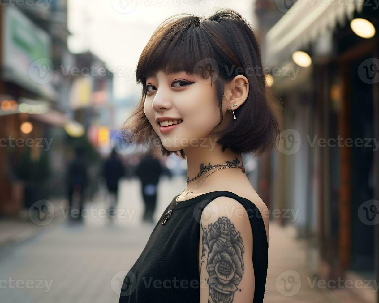 Cheerful korean girl with tattoo Smiling to camera AI Generative photo