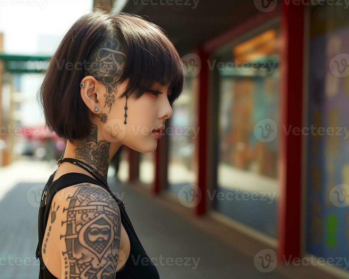 Cheerful korean girl with tattoo Smiling to camera AI Generative photo