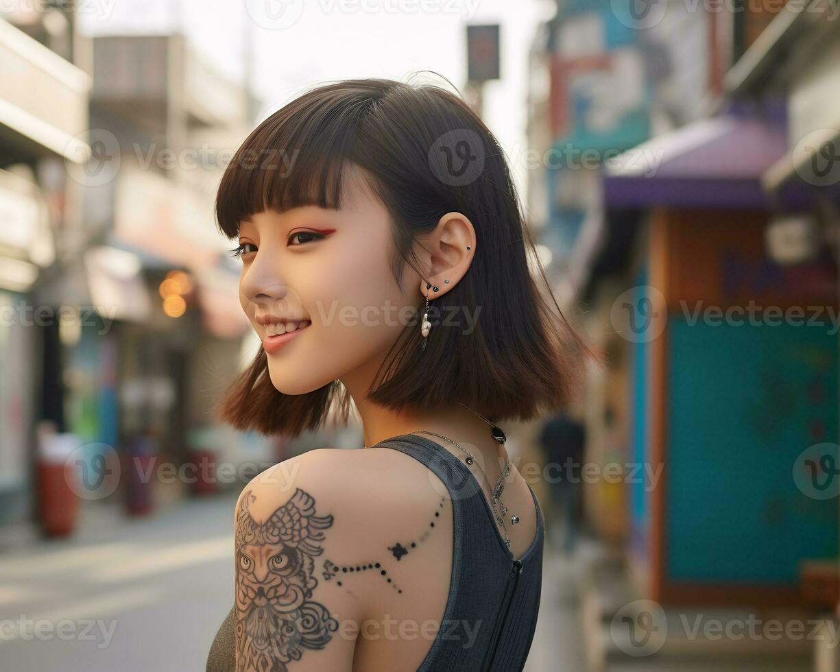 Cheerful korean girl with tattoo Smiling to camera AI Generative photo