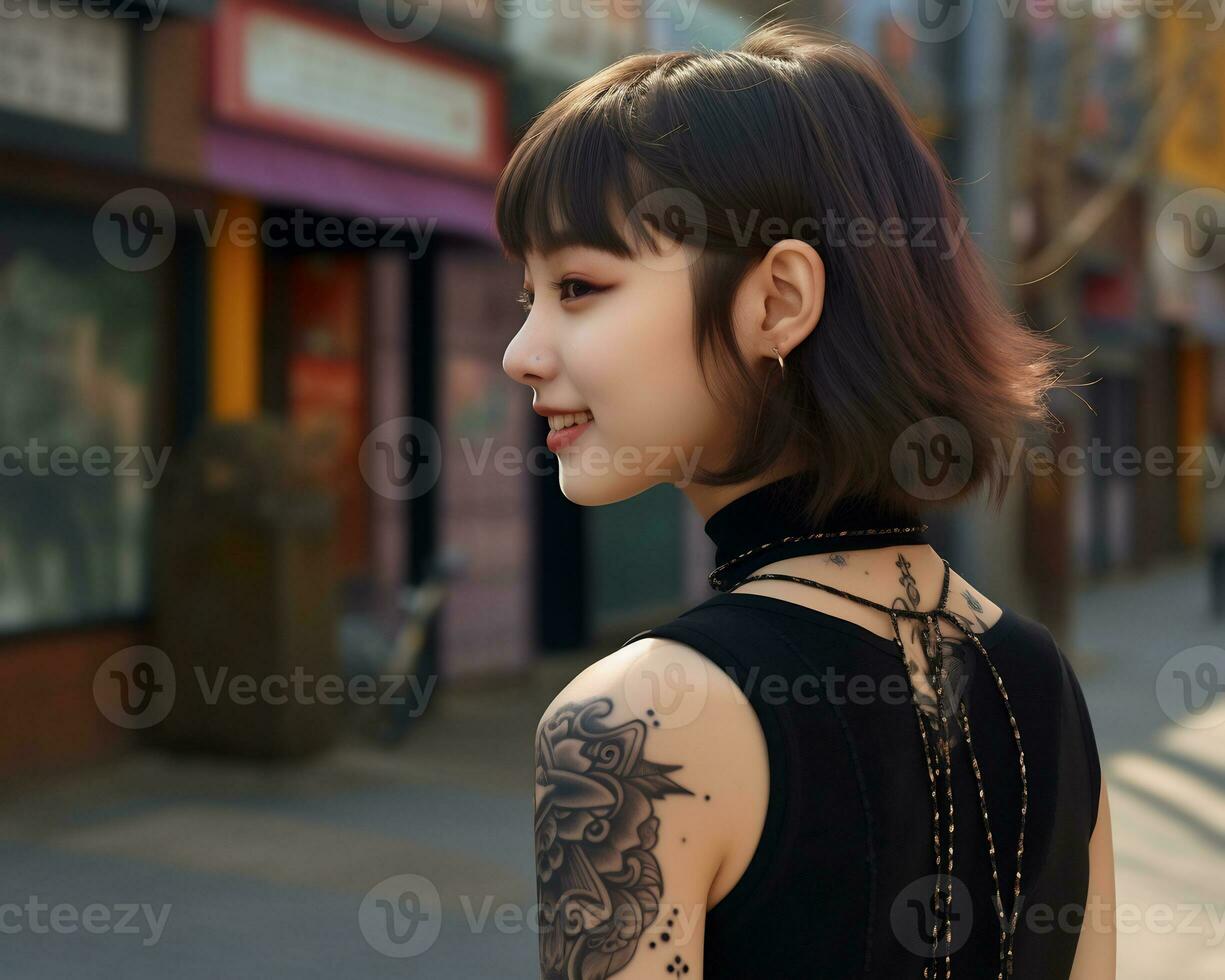 Cheerful korean girl with tattoo Smiling to camera AI Generative photo