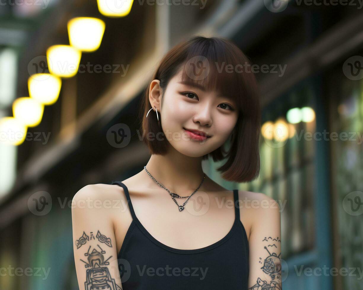 Cheerful korean girl with tattoo Smiling to camera AI Generative photo