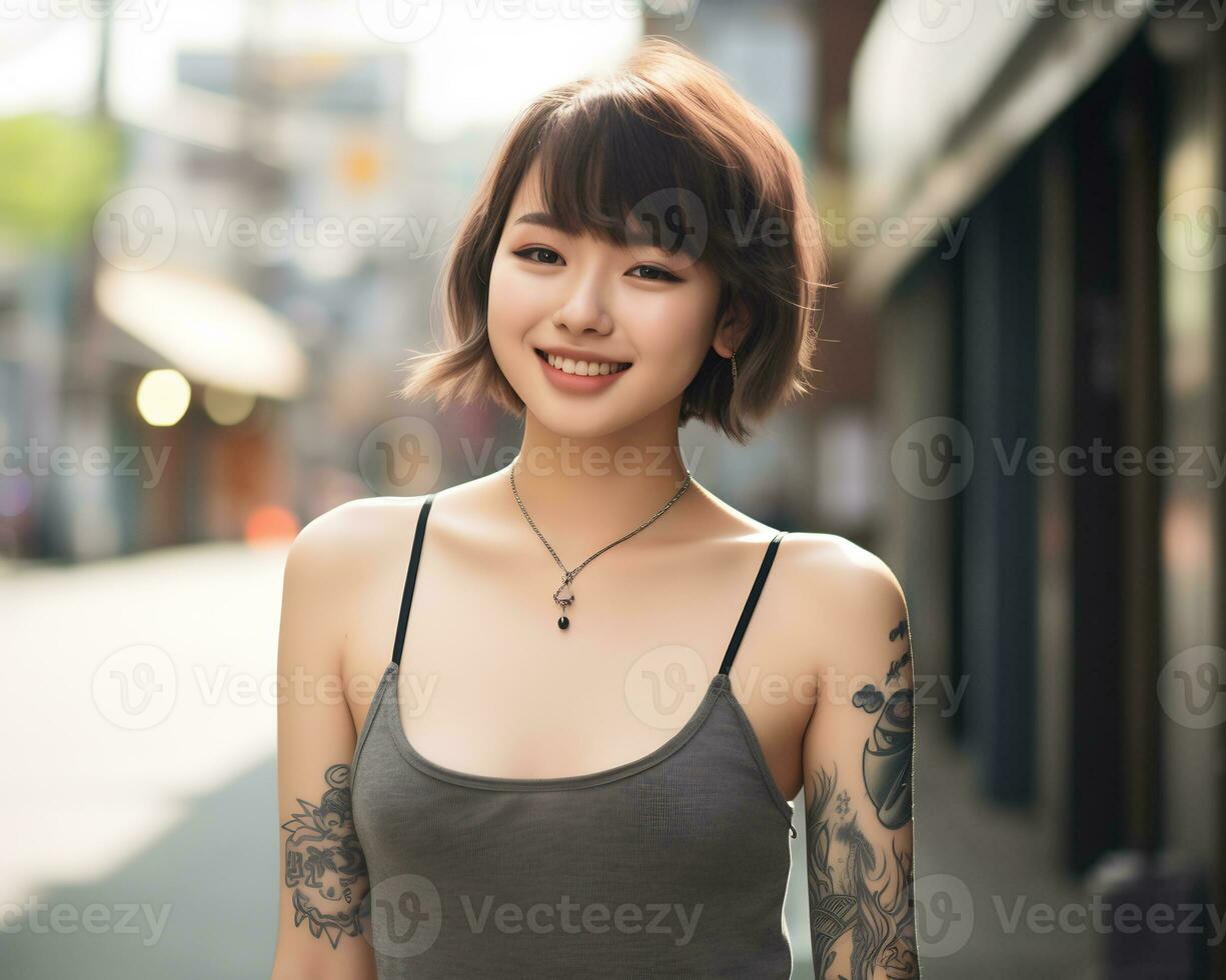 Cheerful korean girl with tattoo Smiling to camera AI Generative photo