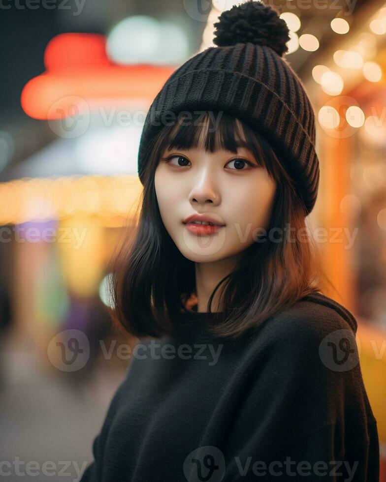 A cheerful korean girl wearing hoodie and knit hat AI Generative photo