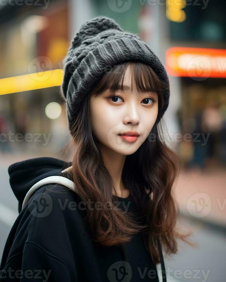A cheerful korean girl wearing hoodie and knit hat AI Generative photo