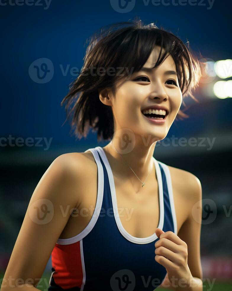 Beautiful smiling asian girl athlete in sports arena AI Generative photo