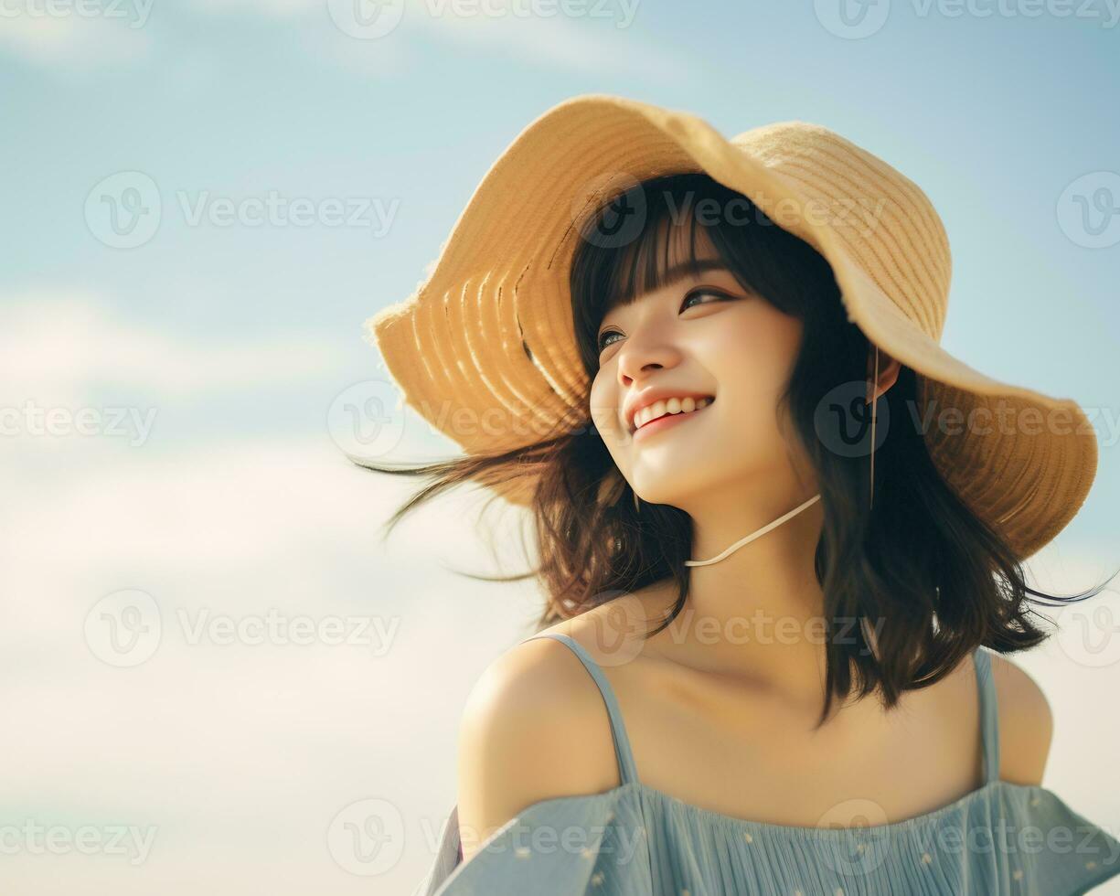 Cheerful asian girl enjoying summer AI Generative photo